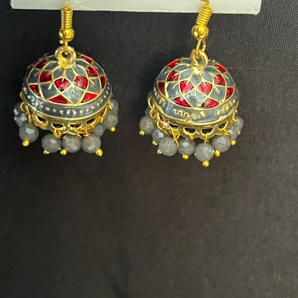 Elegant Grey and Red with Gold colored accents beaded Chandelier Jhumka Earrings